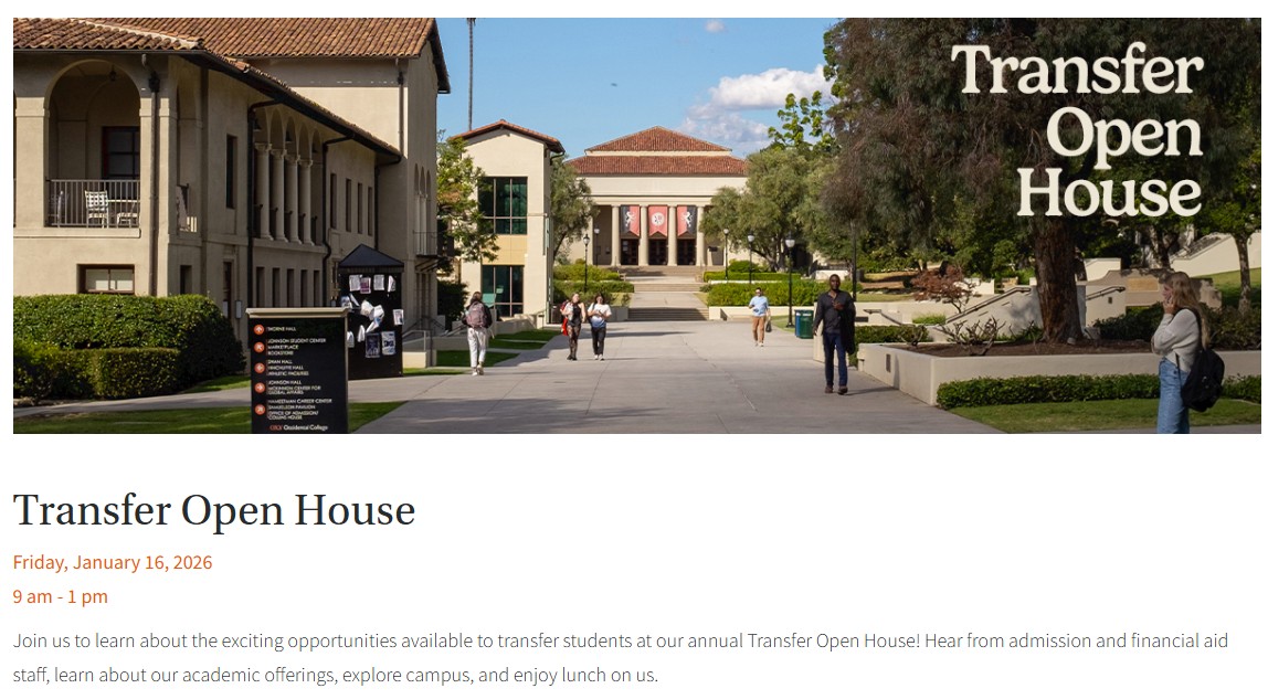Occidental College Transfer Open House Friday, January 16, 2026
